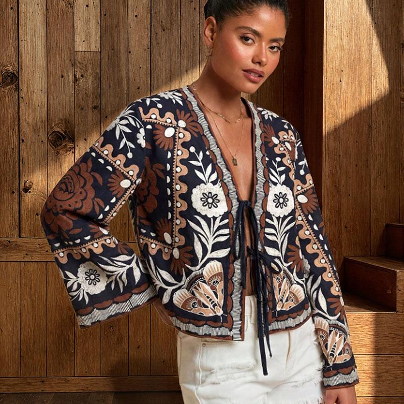 Bohemian Vintage Large Floral Print Tie Front Cardigan Women Fall Long Sleeve V-Neck Open Front Romantic Lazy Style Layering Piece