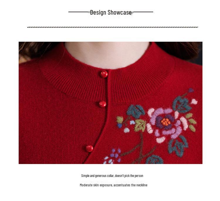 Elegant 100% Wool Embroidered Sweater - Women's Autumn/Winter Half-High Neck Top