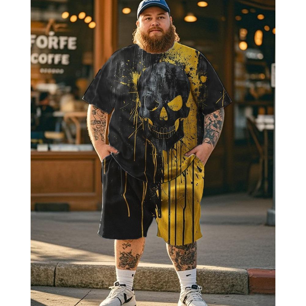 XXS-6XL Large Size Men's Suit - Skull Short-sleeved T-shirt and Shorts Two-piece Summer Casual Outfit for Men's and Women's Clothing