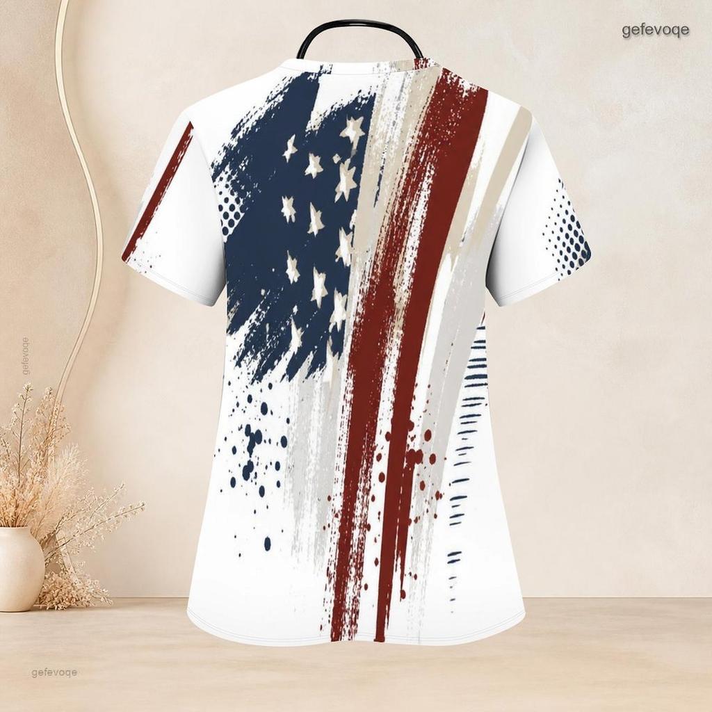 Women Plus Size V Neck Short Sleeve American Flag Print Nurse Scrub Top With Front Pockets