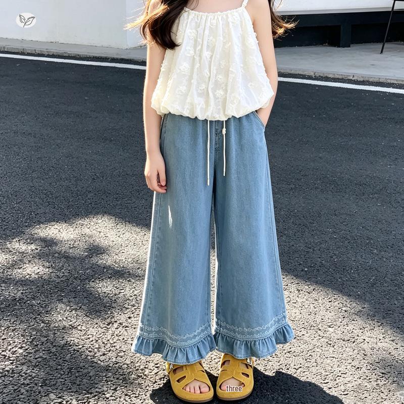 Girls' Wide Leg Tencel Jeans - Summer 2026 Korean Style Casual Cropped Pants for Junior High School Students