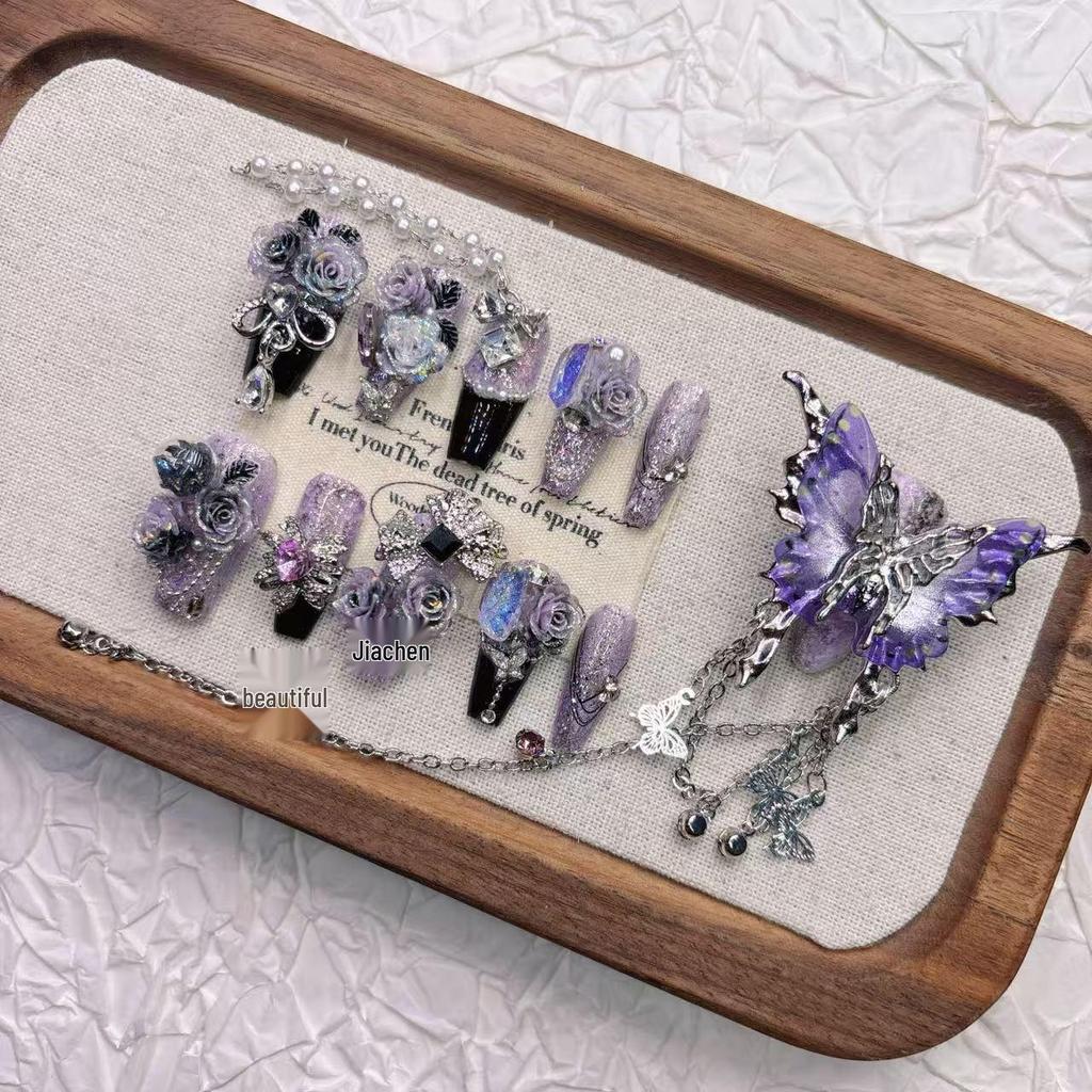 Purple Handmade Medium-Length Pointed Butterfly False Nail Tips