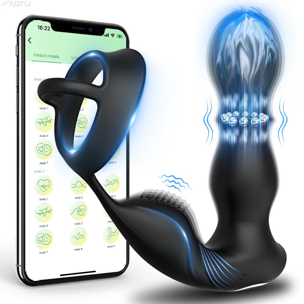 Erkek İtici Vibratör Prostat Masaj Aleti APP Kontrollü Vibratör Erkekler İçin Gecikmiş Boşalma Mantar Halkası Anal Fiş Seks Oyuncağı Yetişkin İçin