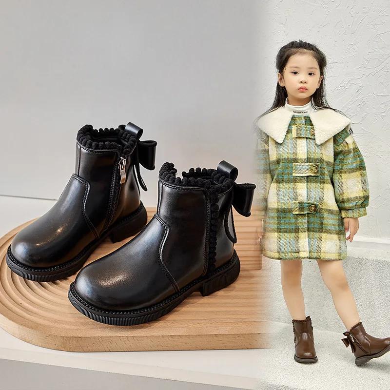

Girls Short Boots with Warm Cotton Kids Ankle Boots Soft Sole 2024 New Girls Princess Leather Boots with Back Bow-knot Side Zip 23