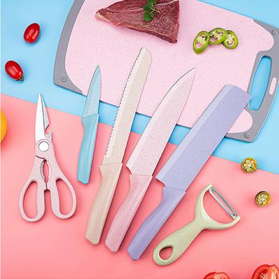 6-teiliges Küchenmesser-Set aus Weizenstroh, Küchenmesser, Schere, Keramikschäler, Kochmesser