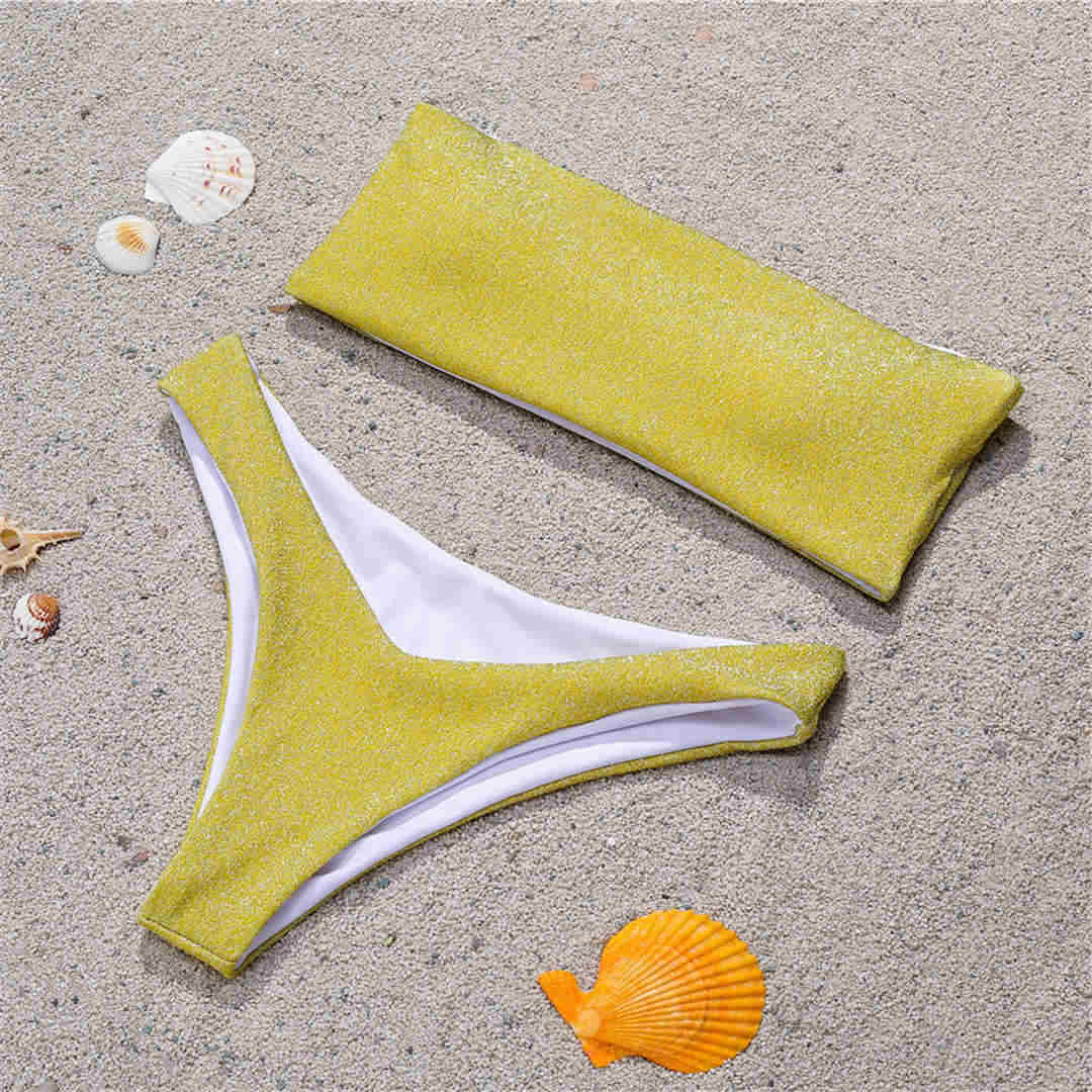 

Блестящий сверкающий бикини без бретелек женский купальник женский купальник из двух частей комплект бикини бандо купальный костюм L жёлтый