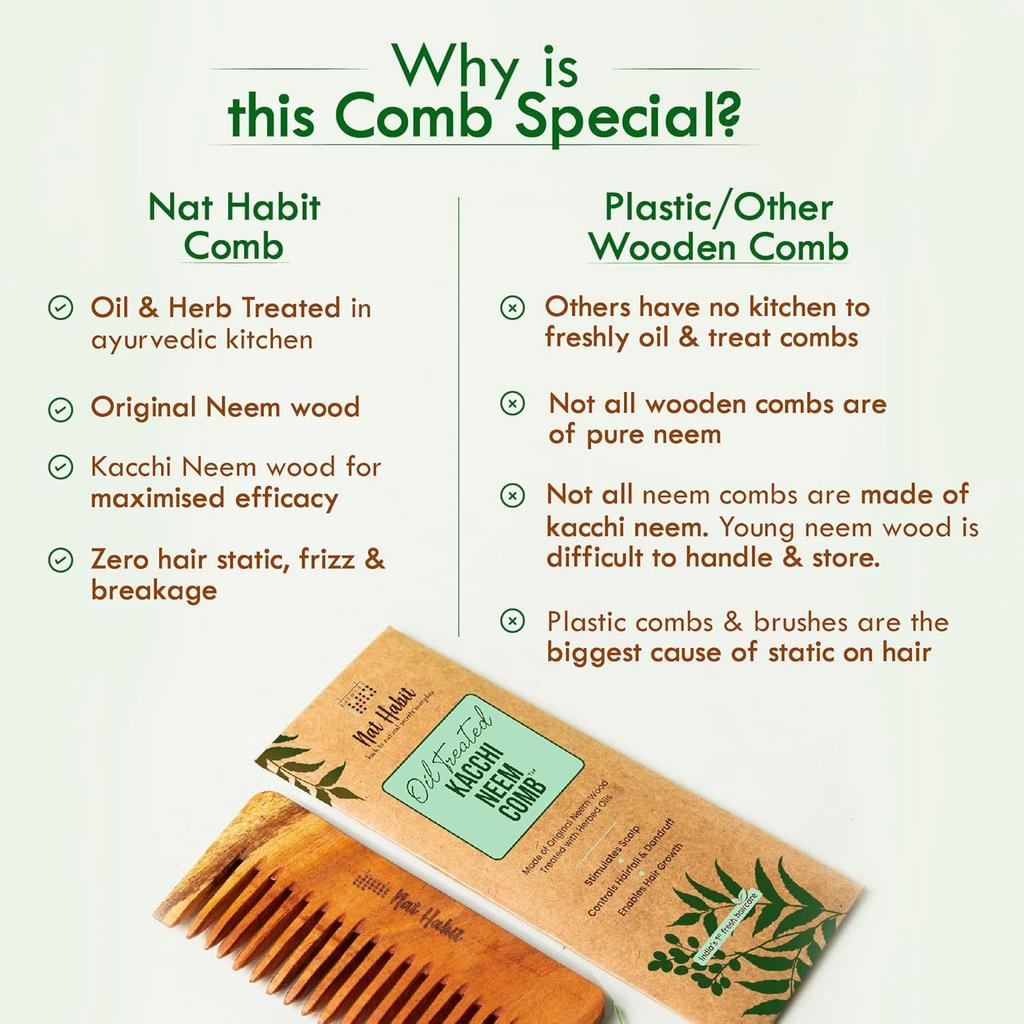 Nat Habit Kacchi Neem Wooden Shampoo Comb, Wide Tooth Hair Detangler For Long And Thick Hair, Herb Soaked And Oil Infused