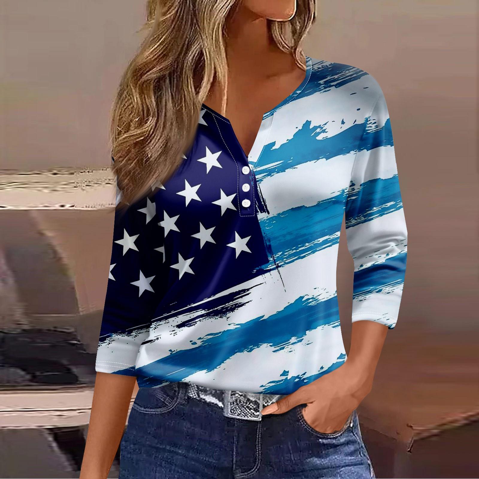 

Жен. Футболка Футболка С принтом Пуговицы Рукав 3/4 Повседневные Выходные Мода Классический V-образный вырез Обычный Топ L