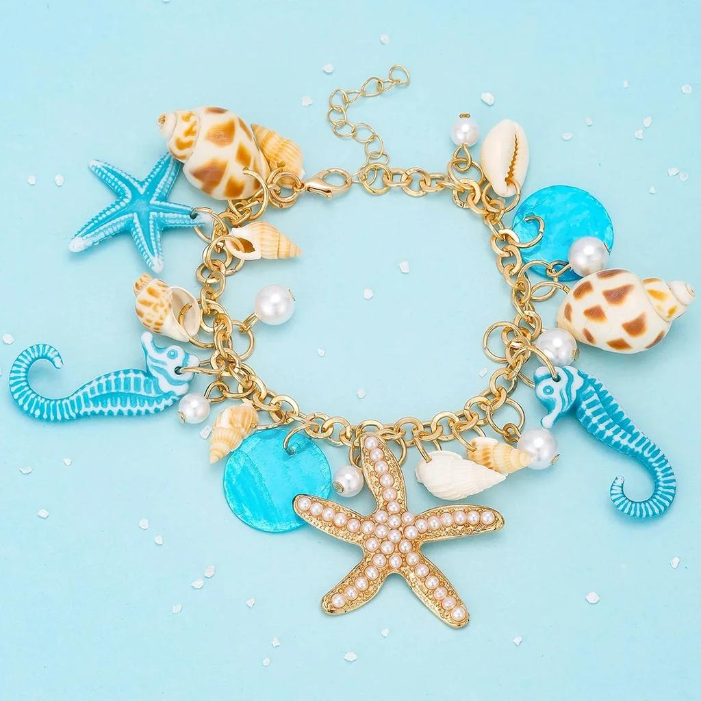 3 Pcs/Set Summer Bohemia Shell Bracelet Set for Women Gold Silver Color Starfish Charm Pearl Chain Bangle Beach Vacation Jewelry