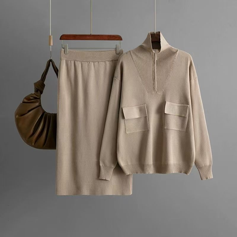 

Fashion Wind Half Zipper Knitting Sweater Skirt Suit Knitted Sweater and Skirt Set Khaki All yards