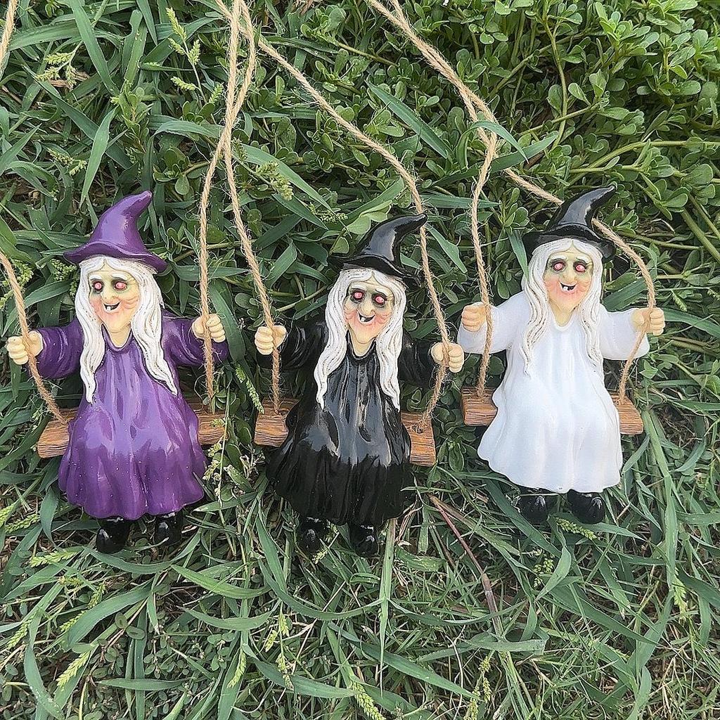 Ghost and Witch Pendant Set: Black-Clad Ghost Swing, White-Clad Ghost with Cat, Purple-Clad Witch for Courtyard & Garden Decor