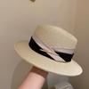 Women's summer beach straw hat beach shade sun protection color blocked flat top sun hat British versatile top hat
