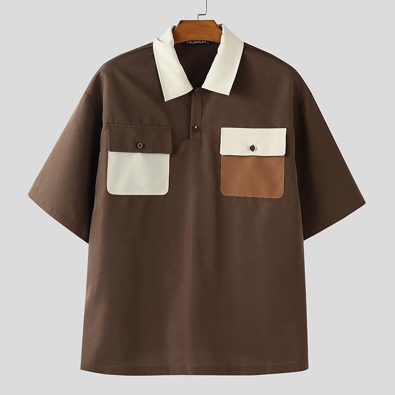 

INCERUN Мужские футболки с отложным воротником, коротким рукавом, повседневные, с текстурой и декоративной строчкой 3XL коричневый