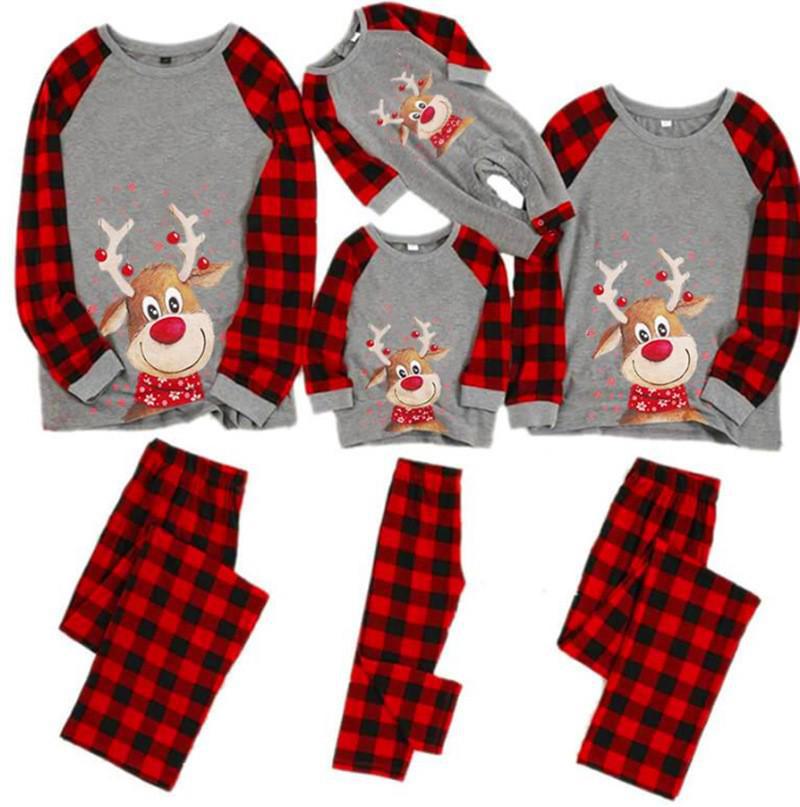 European-American Christmas Deer Print Pajamas - Family Matching Plaid Round Neck Set