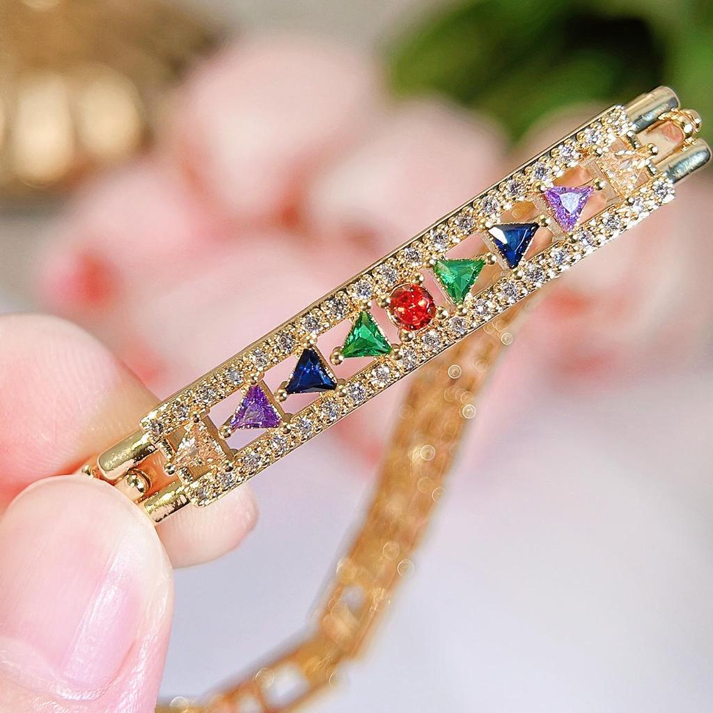 CMM Thai Style Retro Light Luxury High-End Color Geometric Zircon Heavy Metal Golden Noble Woman Tennis Bracelet