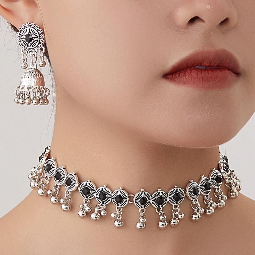 Bohemian Exotic Rhinestone Tassel Necklace & Earrings Set In Antiqued Alloy