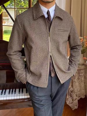 Men's Retro Houndstooth Zipper Jacket - Autumn/Winter Casual Waist-Cinching Lapel Design
