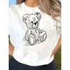 European Sizes Women's Linear Bear & Line Drawing Print T-Shirt - Short Sleeve Round Neck Summer Top with Line Bear Pattern, Casual - Blouse for Women
