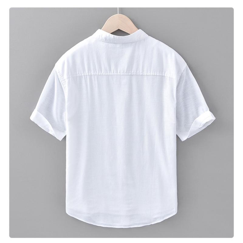 Solid Color Stand Collar Short Sleeve Shirts for Men Daily Summer Tops Casual Soft and Comfortable Cotton Linen Shirt Simple Style Men Clothing