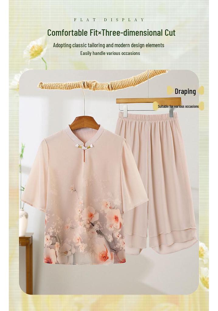 Summer Outfit Set: Stylish Middle-Aged Women's Casual Chiffon Short Sleeve Shirt + Cropped Pants Two-Piece