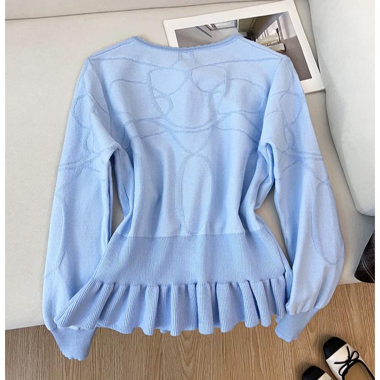 Autumn Winter Women's Knit Pullover with Waist Tie and Flounce Design Casual Sweet Sweater