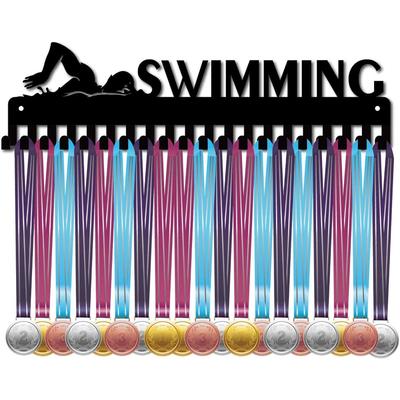 Metal Medal Display Rack Wall Mounted Holder Heavy Duty 20 Hooks for Sports Marathon Race Swimming Award Organizer Black 40x11cm