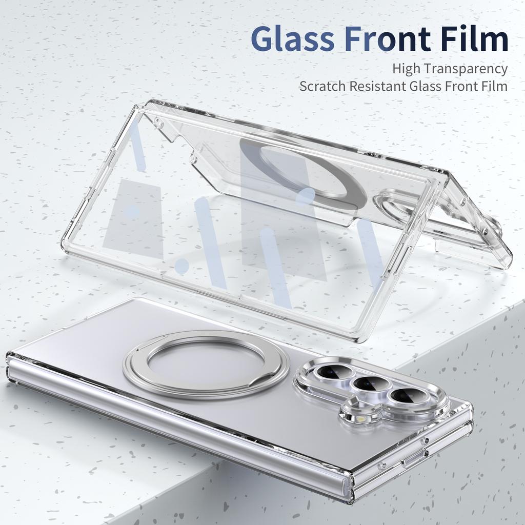 Metal Ring Stand Magetic Case for Samsung Galaxy Z Fold 7 6 5 4 with 360 Swivel Bracket Clear Cover Clear Glass Screen Protector