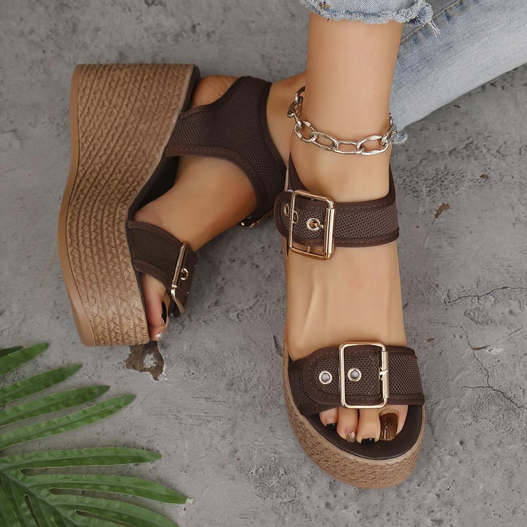 Women Summer Platform Sandals Wedge Heel Open Toe Adjustable Buckle Strap Thick Sole Casual Outdoor Shoes