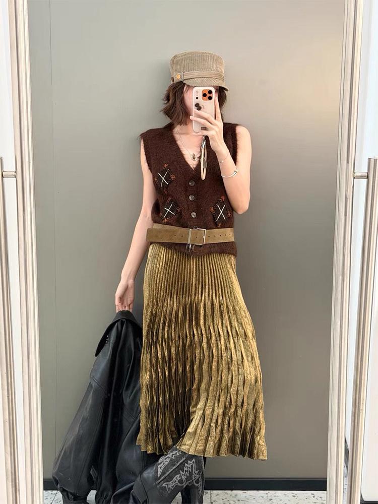 

Wenjiu 2026 Lightweight Luxury Pleated Skirt - Elegant, Versatile, and Flowing Design M золотой