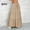 Elastic Waistband Skirt Women Long Spring Summer Middle Waist A Line Flowy Swing Occasion Breathable Solid Color Drawstring Pleated Casual Elegant