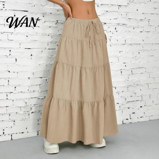 Elastic Waistband Skirt Women Long Spring Summer Middle Waist A Line Flowy Swing Occasion Breathable Solid Color Drawstring Pleated Casual Elegant