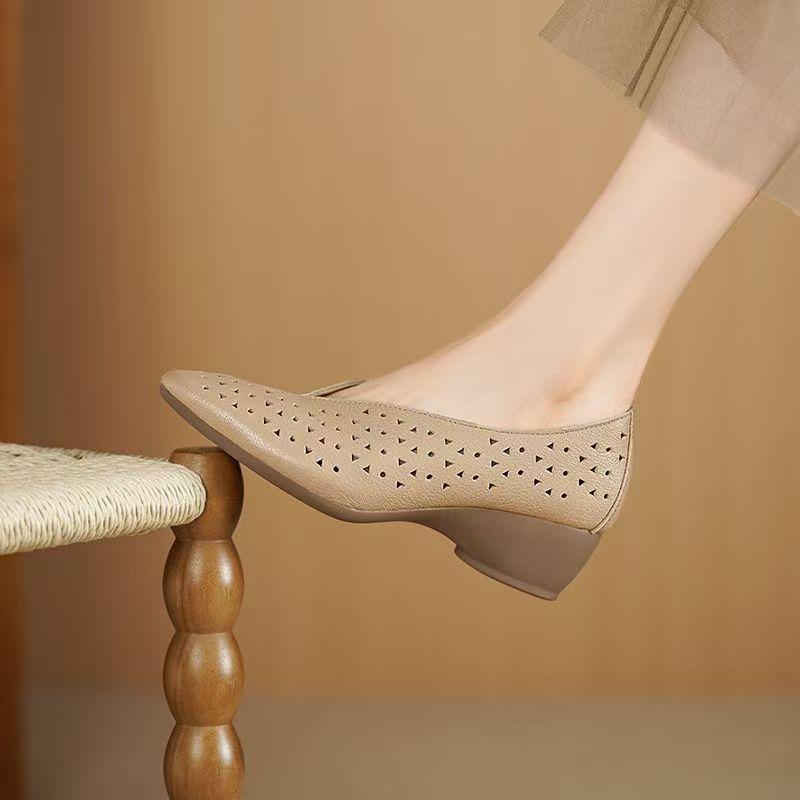 Women's Leather Wedges Pointed Toe Shoes Spring Summer New Shallow Slip On Hollow Out Soft Sole Retro Work Shoes Casual Shoes