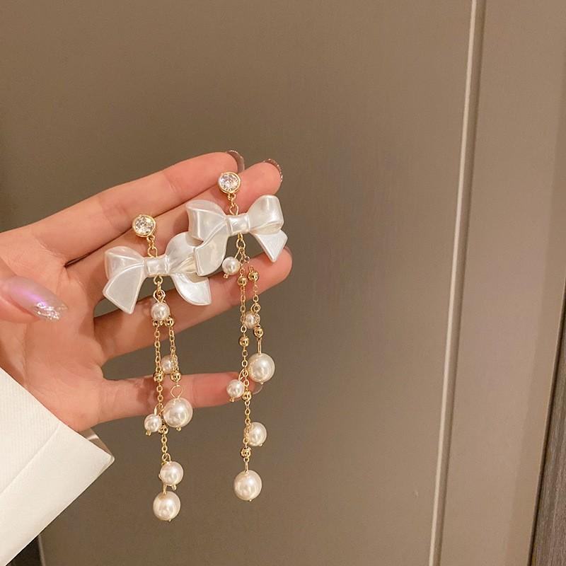 Zircon Pearl Pentagram Fringed Earrings Fashion Light Luxury High-end Stud Earrings Elegant Temperament Earrings