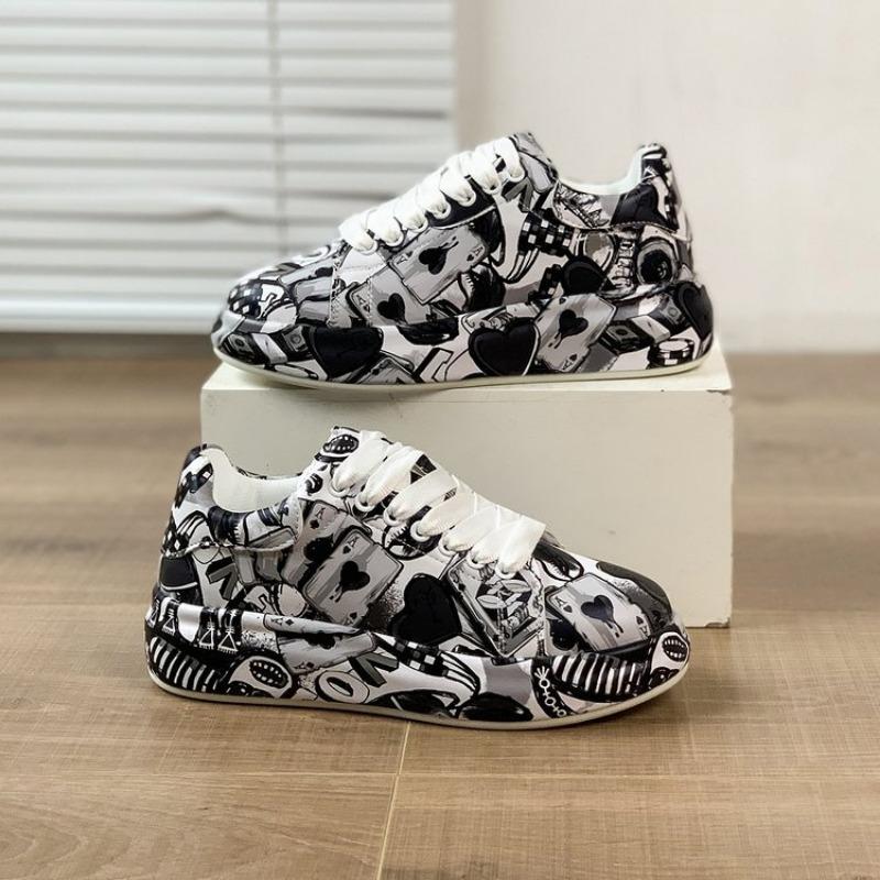 Damen-, Niedrig geschnitten, Freizeitschuhe, Graffiti-Druck, Sportschuhe, Schnürschuhe, Dicksohlig, Board-Schuhe
