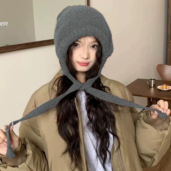 Chapéu Feminino Outono Inverno Gorro Quente Japonês Malha Chapéu Boné de Pelo À Prova de Vento Grosso Proteção de Orelhas Gravata Pulôver Gorro Bonnet