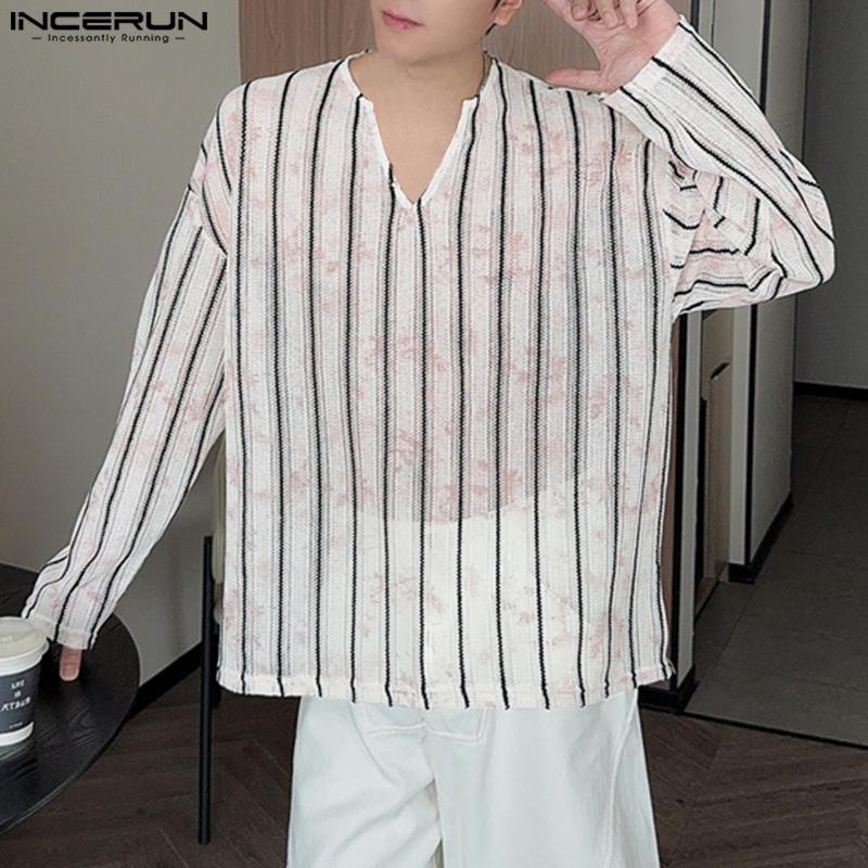 INCERUN Men Long Sleeve Striped Crochet Hollow Semi-Sheer Texture Tops T-shirts