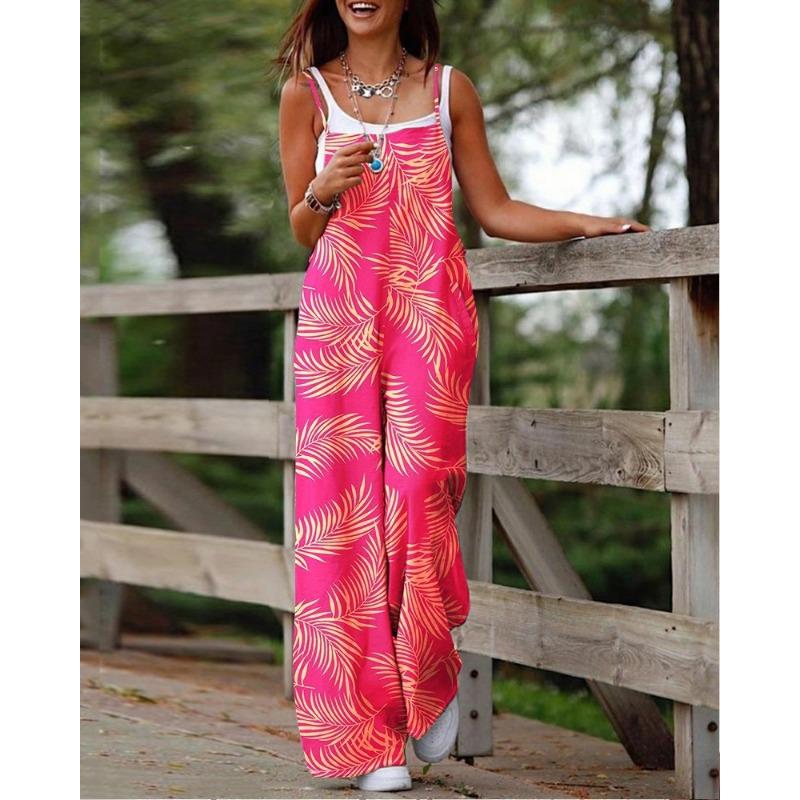Women's Fashion Printed Camisole Pocket Wide Leg Jumpsuit