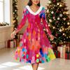 Women Geometric Pattern Print Midi Dress, Long Sleeve V‑Neck Furry Trim A‑Line Party Dress, Christmas Limited Edition