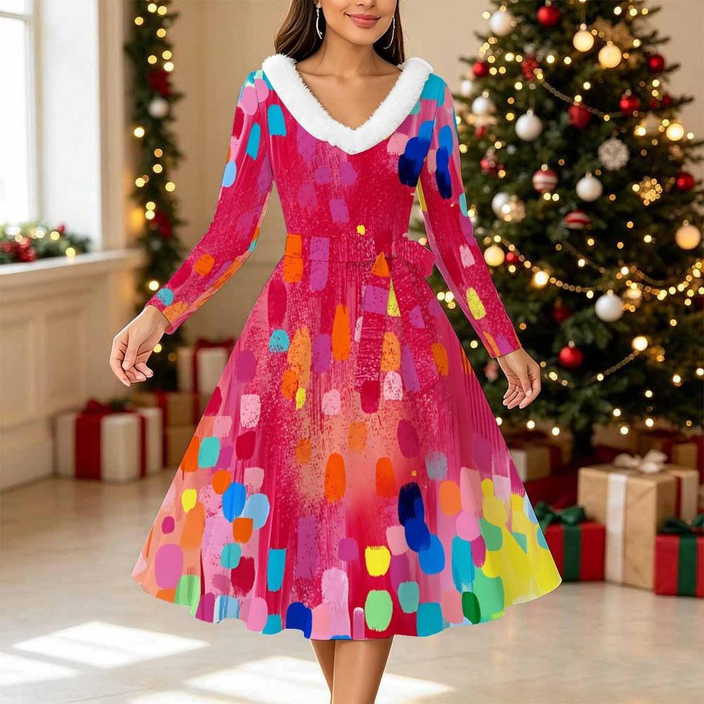 Women Geometric Pattern Print Midi Dress, Long Sleeve V‑Neck Furry Trim A‑Line Party Dress, Christmas Limited Edition