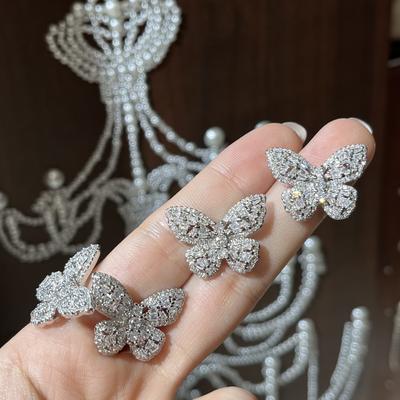 Full Diamond Inlaid Butterfly Stud Earrings Exquisite Design Open Ring Double Butterfly Ring Femininity Advanced Sense