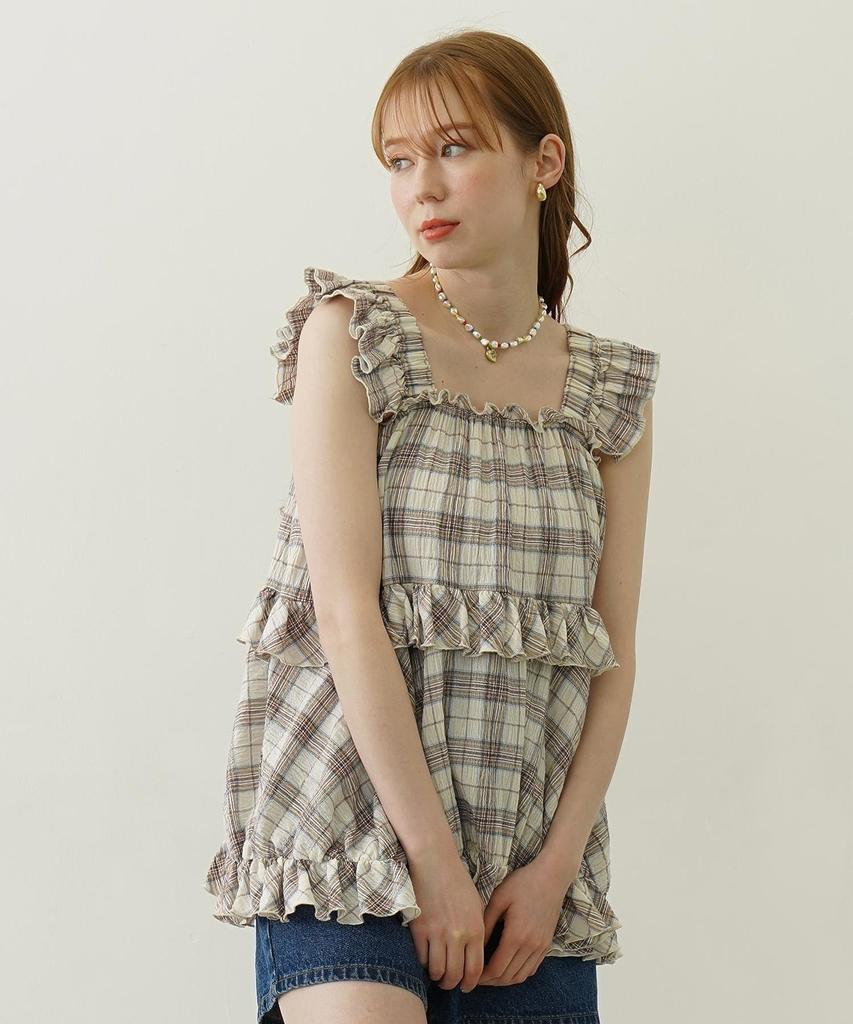 Milkfed Casual Plaid Tiered Off White Women's Top,