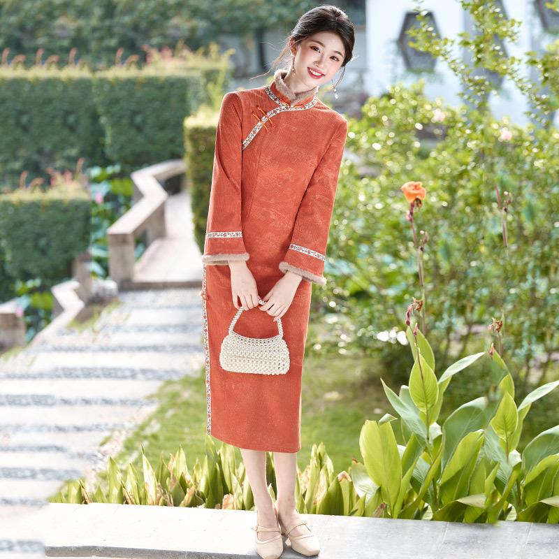 Orange Velvet Winter Clothing National Style New Chinese Long-sleeved Improved Cheongsam Winter Thick Women's Retro New Year's Clothing