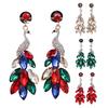 1 Paar Hanger Oorbellen Vintage Strass Pauw Gouden Afwerking Luxe Elegant Groen Kunstkristal Veer Hangende Oorbellen Mode Sieraden
