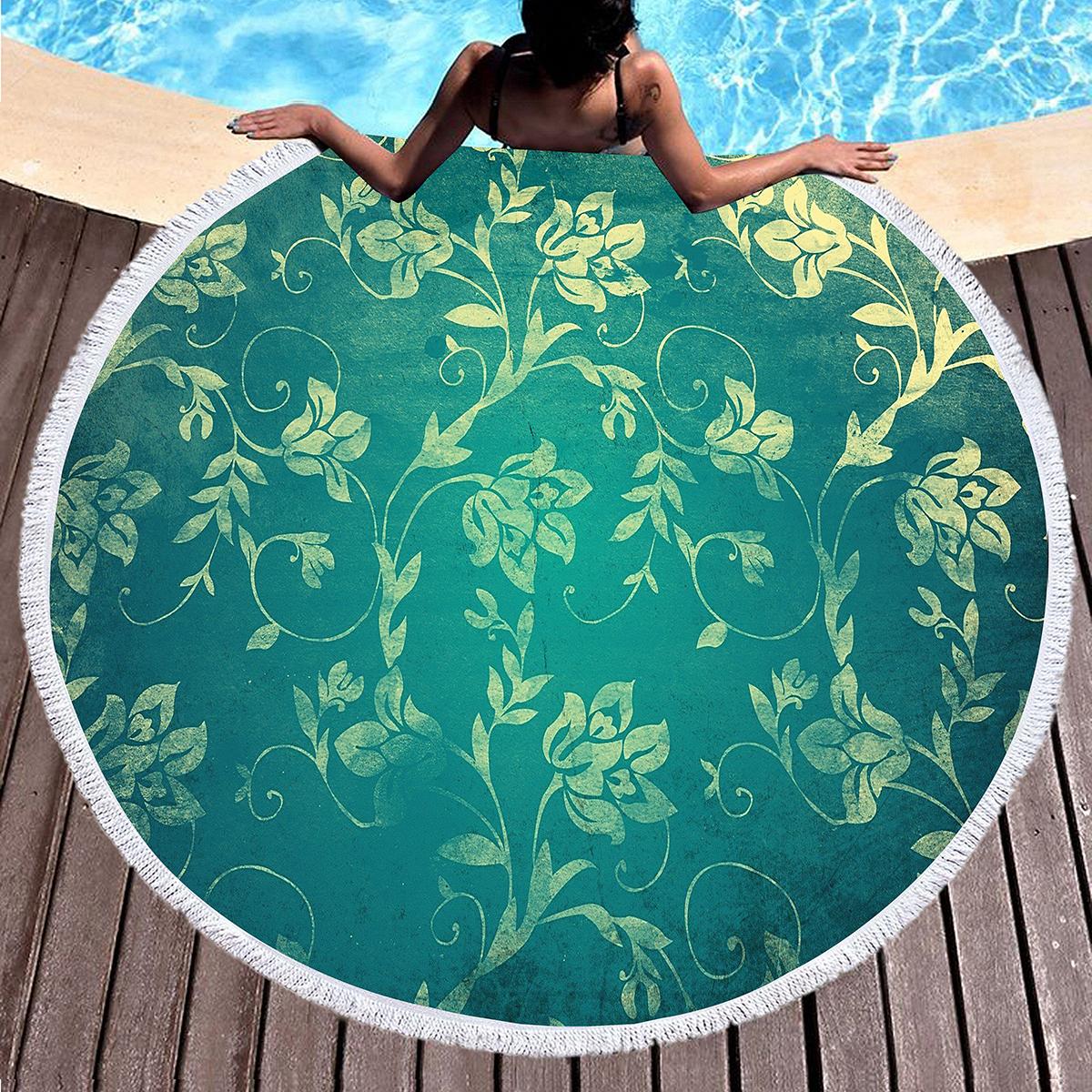 Textilien Vintage Floral Round Beach Towel With Tassels, Farmhouse Flower Beach Blanket, Soft Microfiber Yoga Meditation Mat Picnic Rug