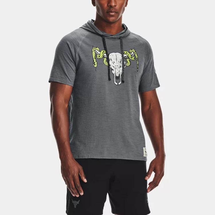 Under Armour Project Rock Johnson Sports Casual Hooded Short Sleeve T-Shirt Men Tops Dark-Grey 1361719-012