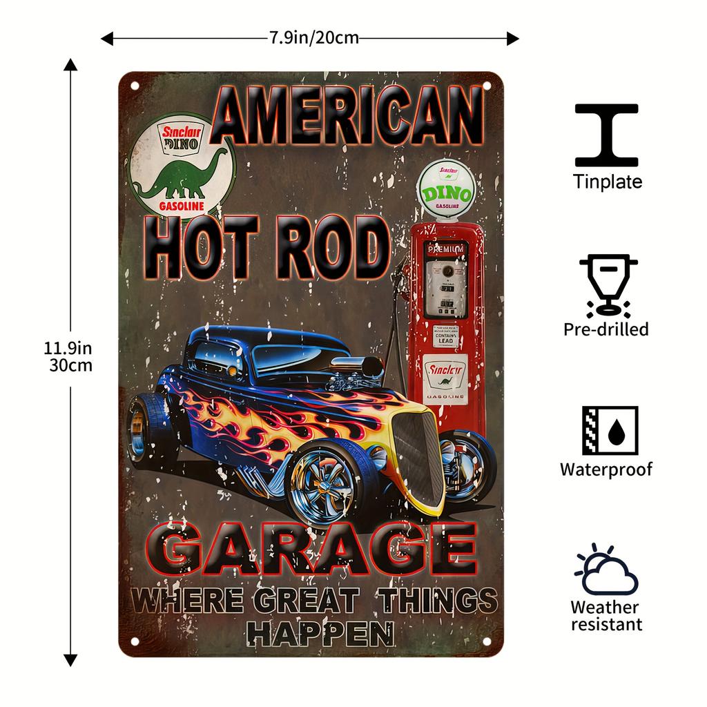 Vintage American Garage Sign Set with Classic Car Wall Decor In Red Black Burgundy Yellow for Home Bar Route 66 Fans
