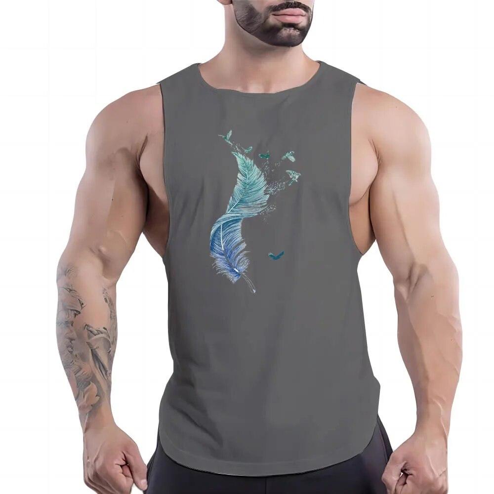 Summer Adult Men'S Outdoor Fitness Crew-Neck Vest Creative Feather Pattern 2d Print Breathable Comfortable Sleeveless Shirt