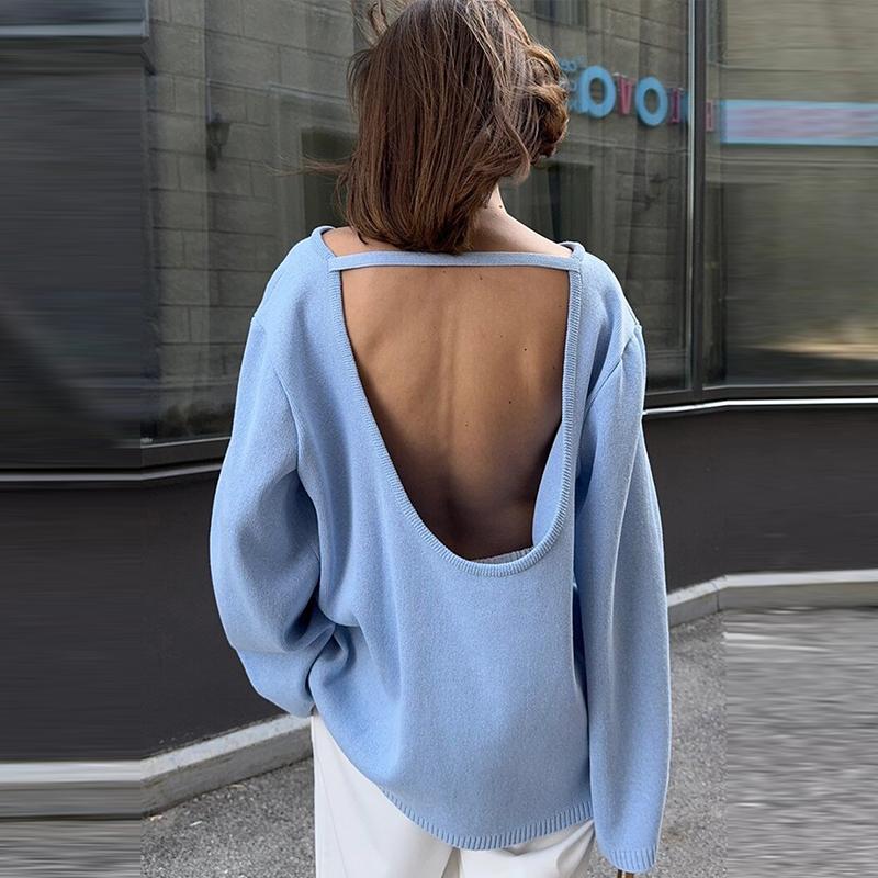 Cotton Pullover Overzie Sweater Women s Sexy Backless Loose Knit Sweater Round Neck Flared Sleeve Solid Color Pull Jumper AutumnWinter 2025 S 3257₽