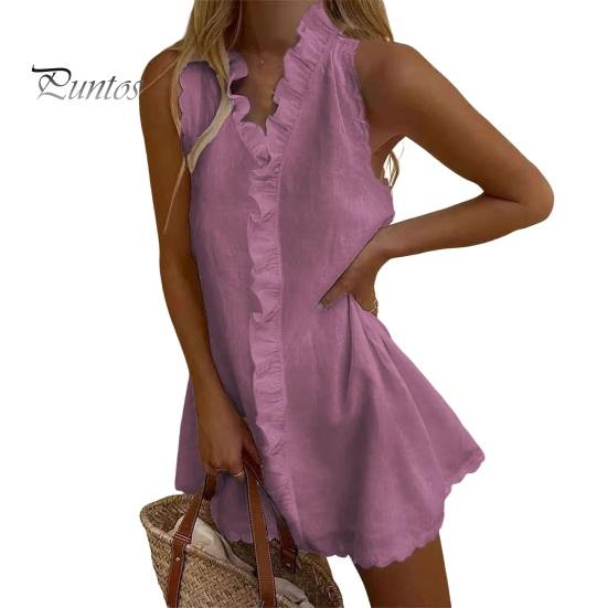 Breathable Summer Dress Ruffle Mini for Women, Sleeveless V Neck Cotton Skirt Linen Short Dress, Boho Beach Vacation Casual A-Line Sundress Bohemian