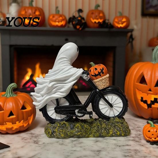 Small Ghost Figurine with Pumpkins Halloween Riding Motorcycle Figurine, Novelty Rider Resin Artistic Craft Statue Pumpkin for Indoor Home Desk